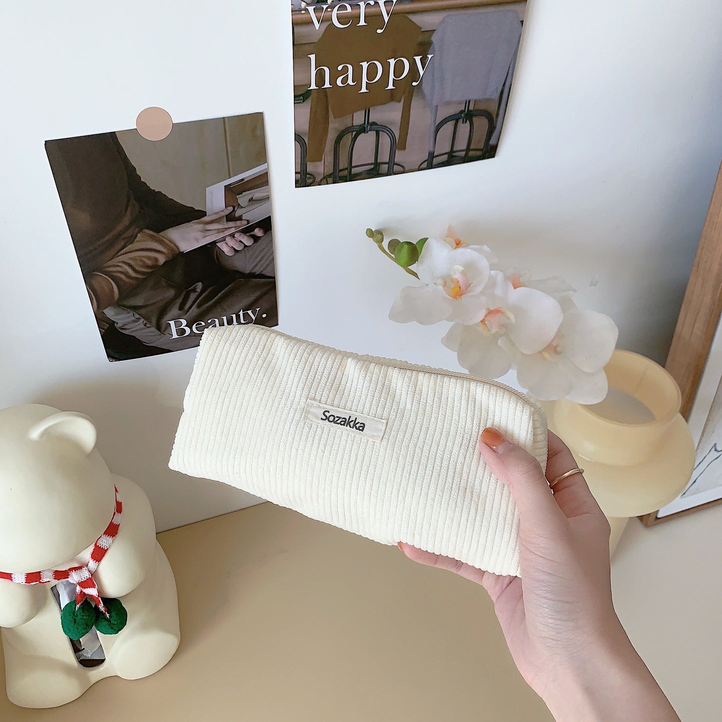 Cute Minimalist Classic Pure Color Corduroy Makeup Bag, Cosmetic Organizer, Makeup Toiletry Organizer, Travel Pouch, Cute Pencil Case