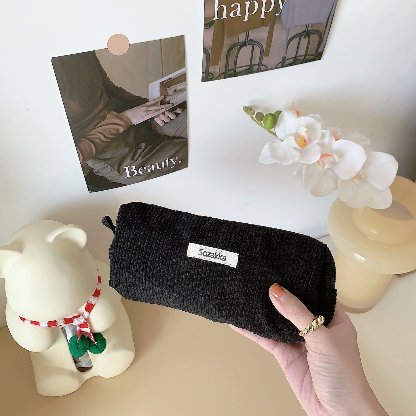 Cute Minimalist Classic Pure Color Corduroy Makeup Bag, Cosmetic Organizer, Makeup Toiletry Organizer, Travel Pouch, Cute Pencil Case