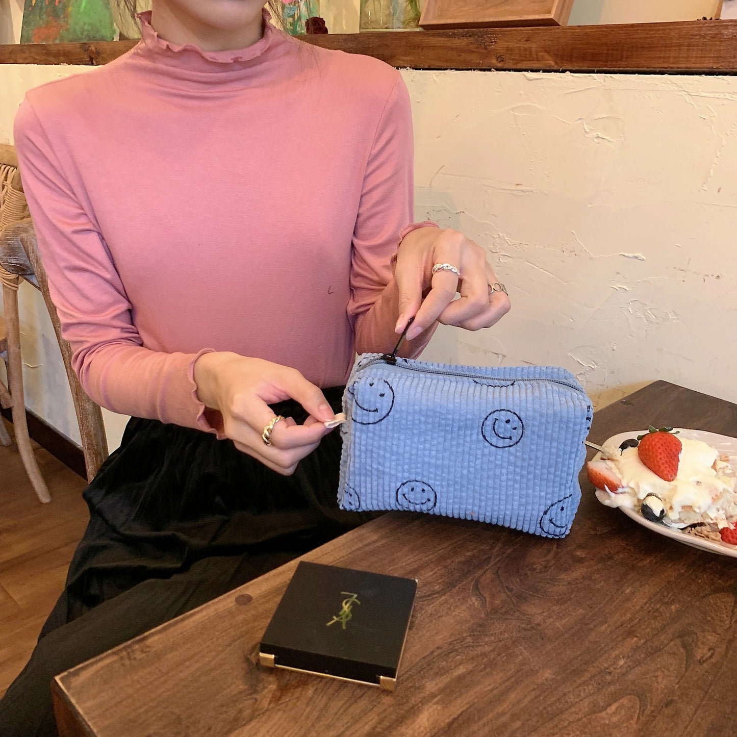 Cute Smiley Face Classic Dots Corduroy Small Makeup Bag, Travel Pouch, Cute Pencil Case