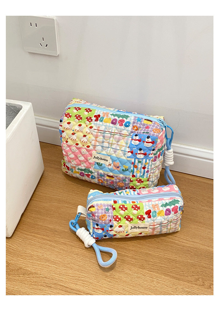 Cute Blue Snow man Bunny Floral Quilted cotton Makeup Bag and Pencil Case Set