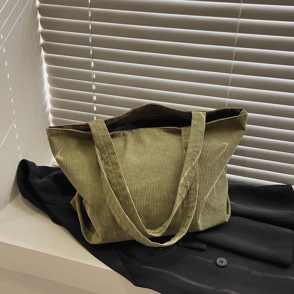 Classic Minimalist Pure Color Pattern Corduroy Tote, Large Capacity Tote Bag