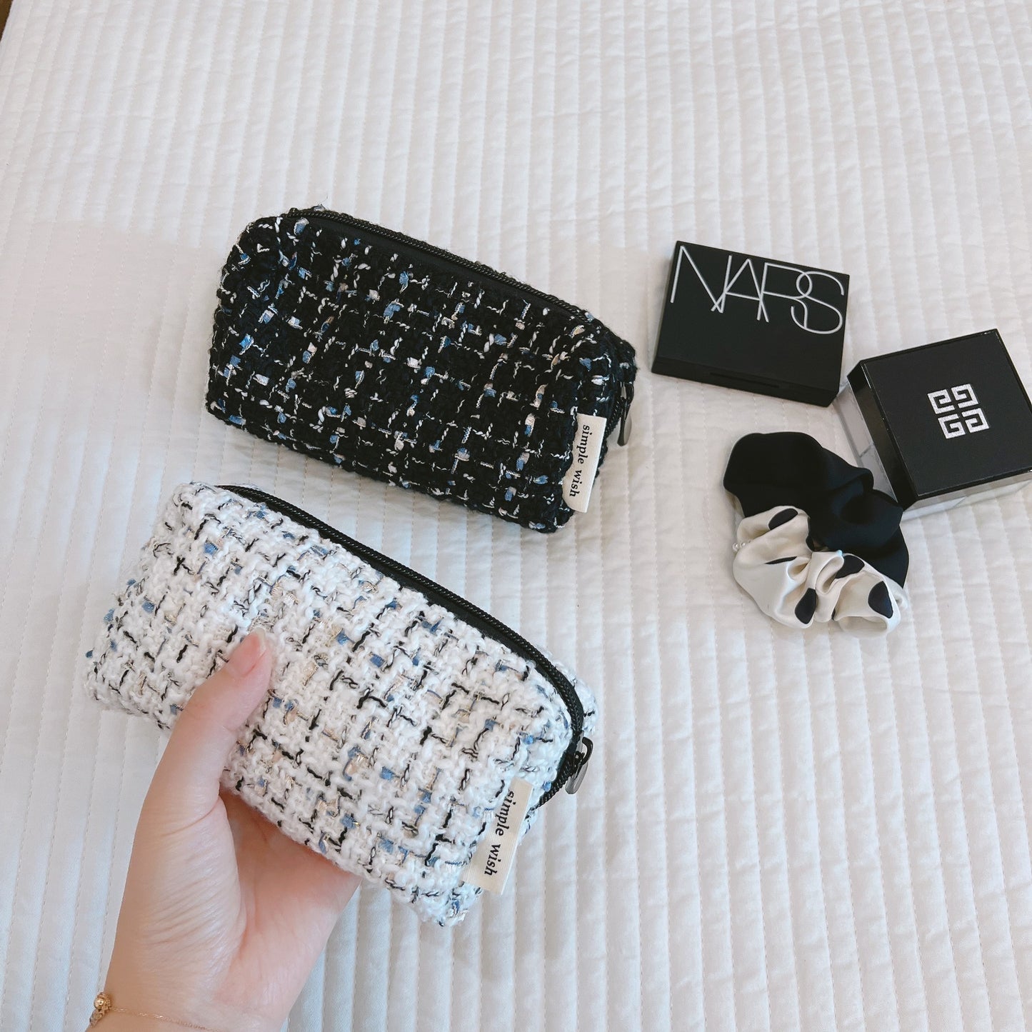 Classic Elegant Black And White Plaid Soft Makeup Bag, Travel Case Pouch