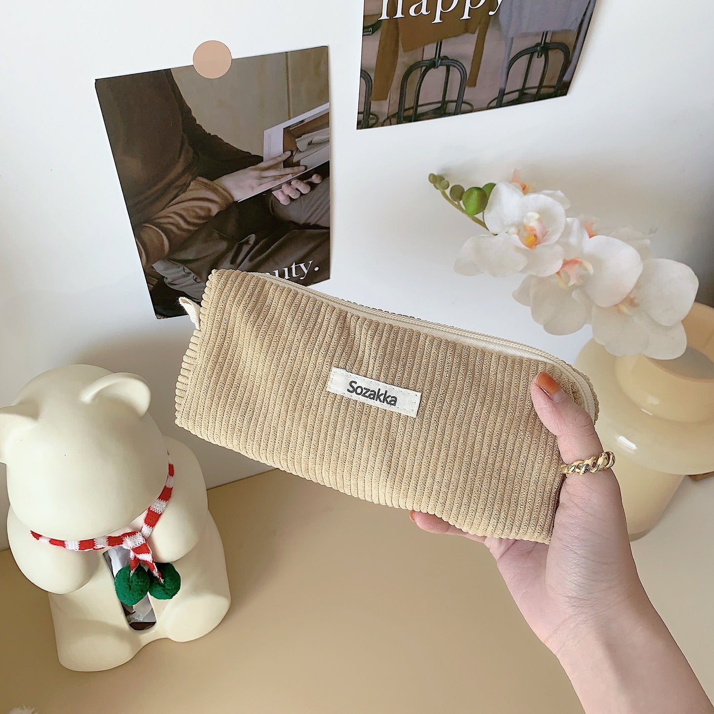 Cute Minimalist Classic Pure Color Corduroy Makeup Bag, Cosmetic Organizer, Makeup Toiletry Organizer, Travel Pouch, Cute Pencil Case