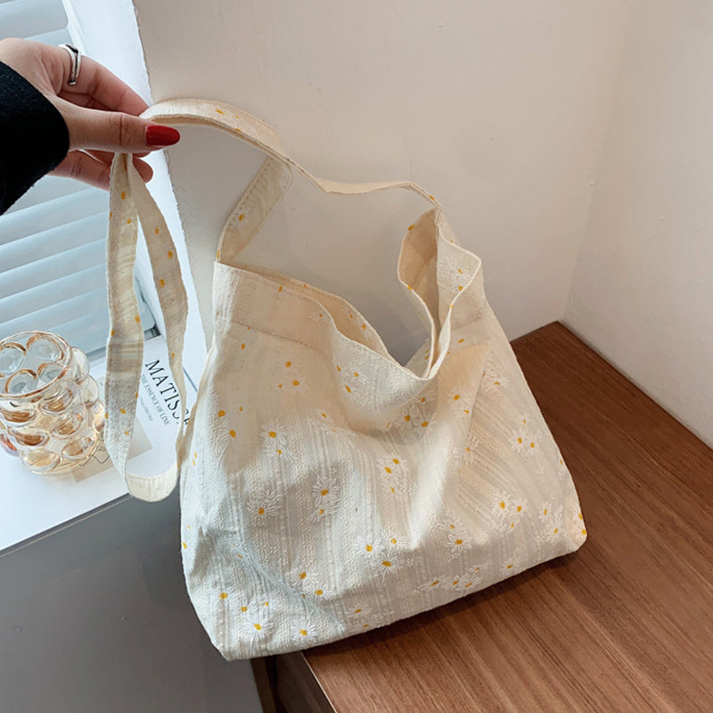 Cute Classic Minimalist Daisy Cotton Tote, Large Capacity Tote Bag, Cosmetic Tote, Essentials Shouder bag