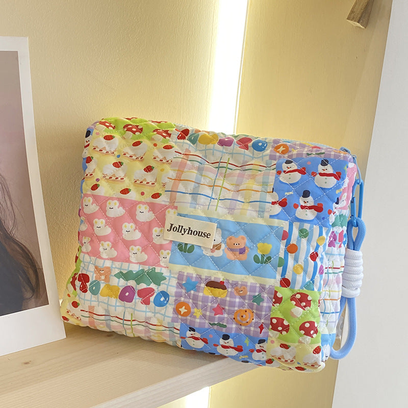 Cute Blue Snow man Bunny Floral Quilted cotton Makeup Bag and Pencil Case Set