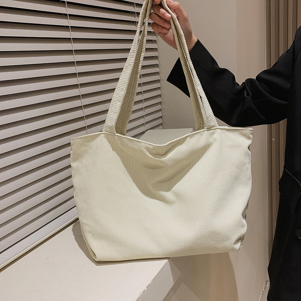 Classic Minimalist Pure Color Pattern Corduroy Tote, Large Capacity Tote Bag