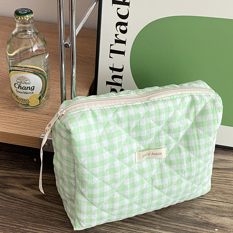 Cute Purple Pink Green Plaid Floral Quilted Cotton Large Nappy Bag, Large Capacity Makeup Bag