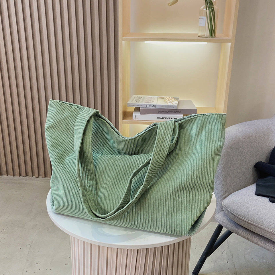 Classic Minimalist Pure Color Pattern Corduroy Tote, Large Capacity Tote Bag