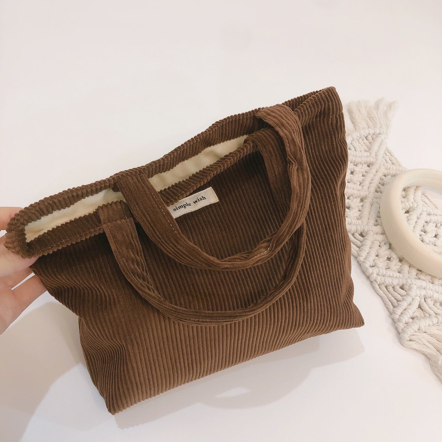 Classic Minimalist Pure Colors Corduroy Tote Bag, Large Capacity Tote Bag, Autumn Gift, Lunch Bag