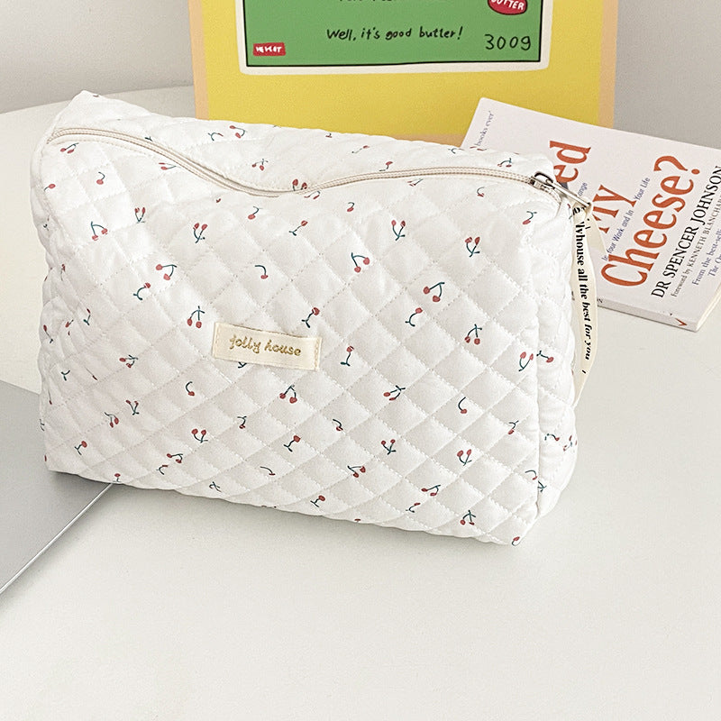 Cute Pink Rabbit White Cherry Quilted cotton Makeup Toiletry Organizer, Large Capacity Makeup Bag