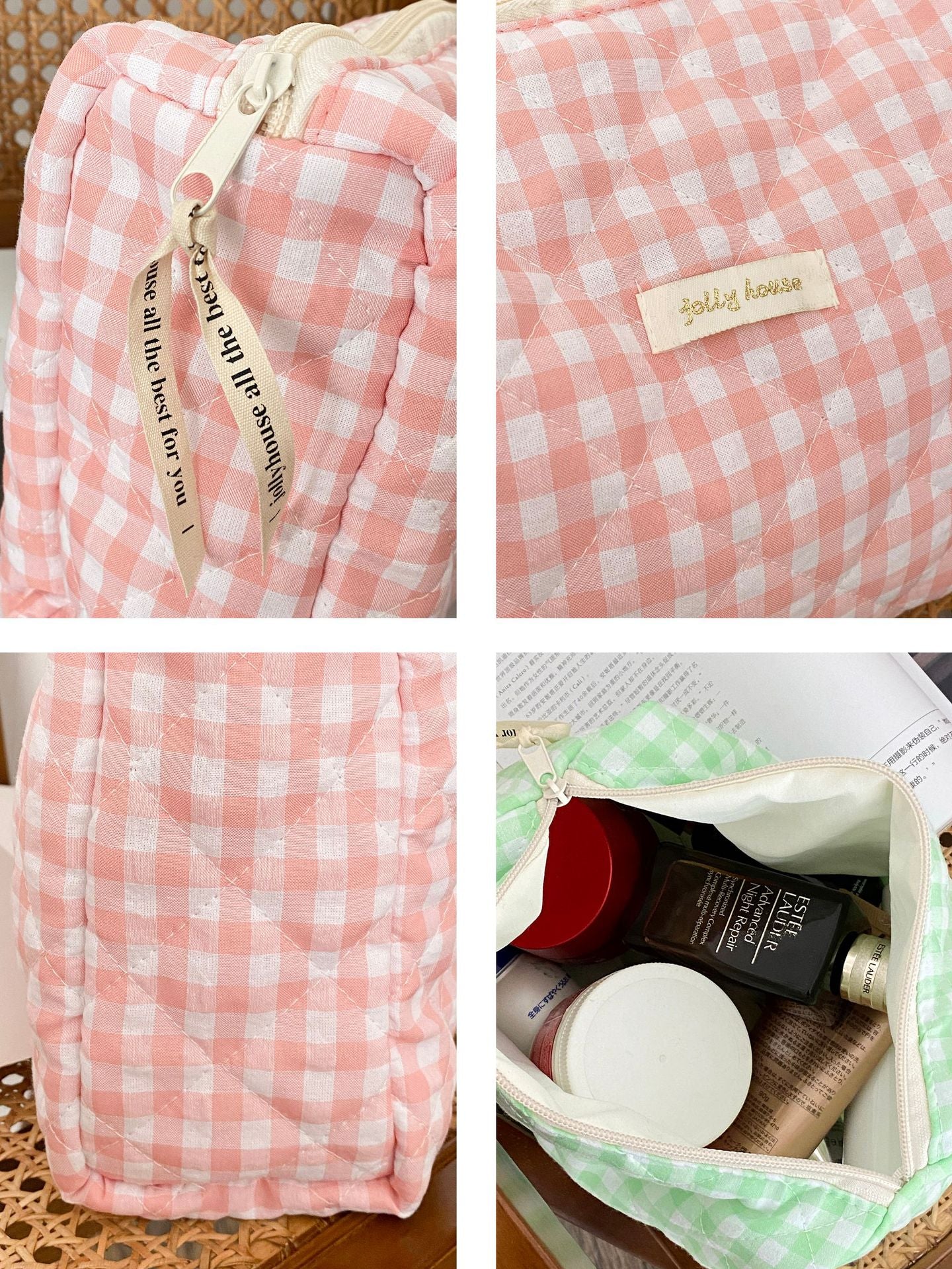 Cute Purple Pink Green Plaid Floral Quilted Cotton Large Nappy Bag, Large Capacity Makeup Bag
