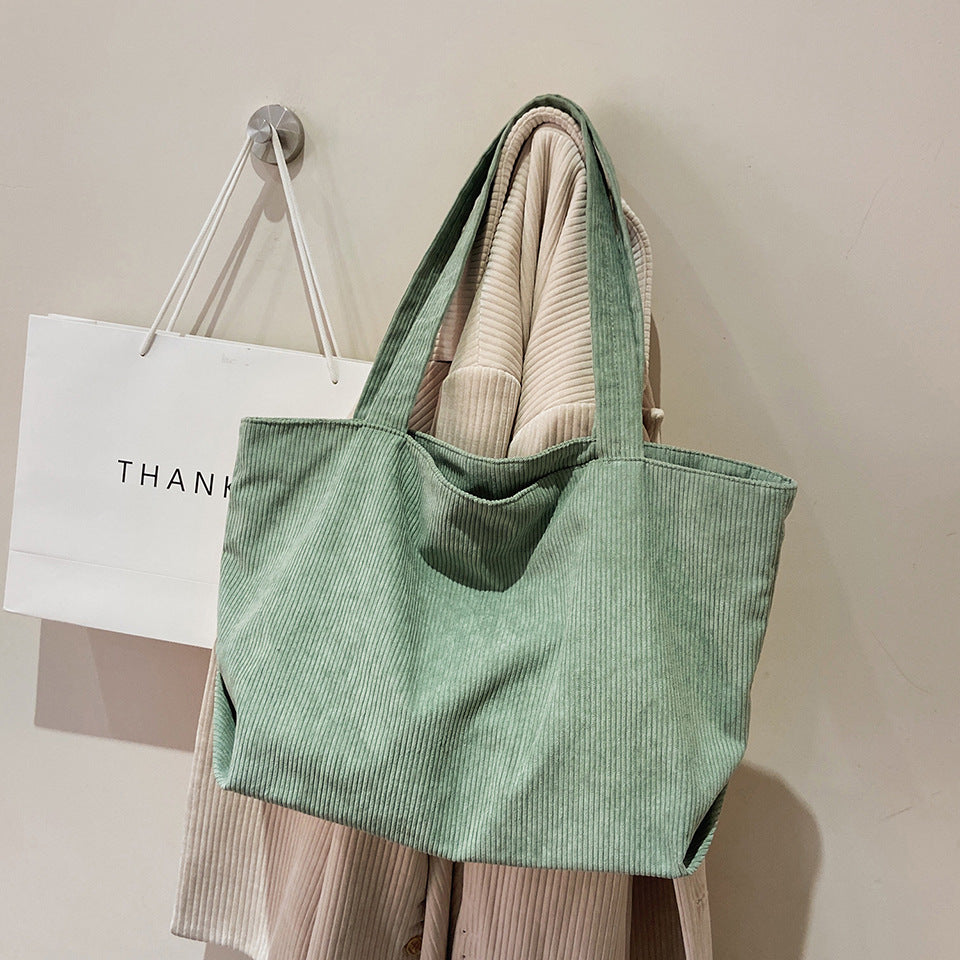 Classic Minimalist Pure Color Pattern Corduroy Tote, Large Capacity Tote Bag