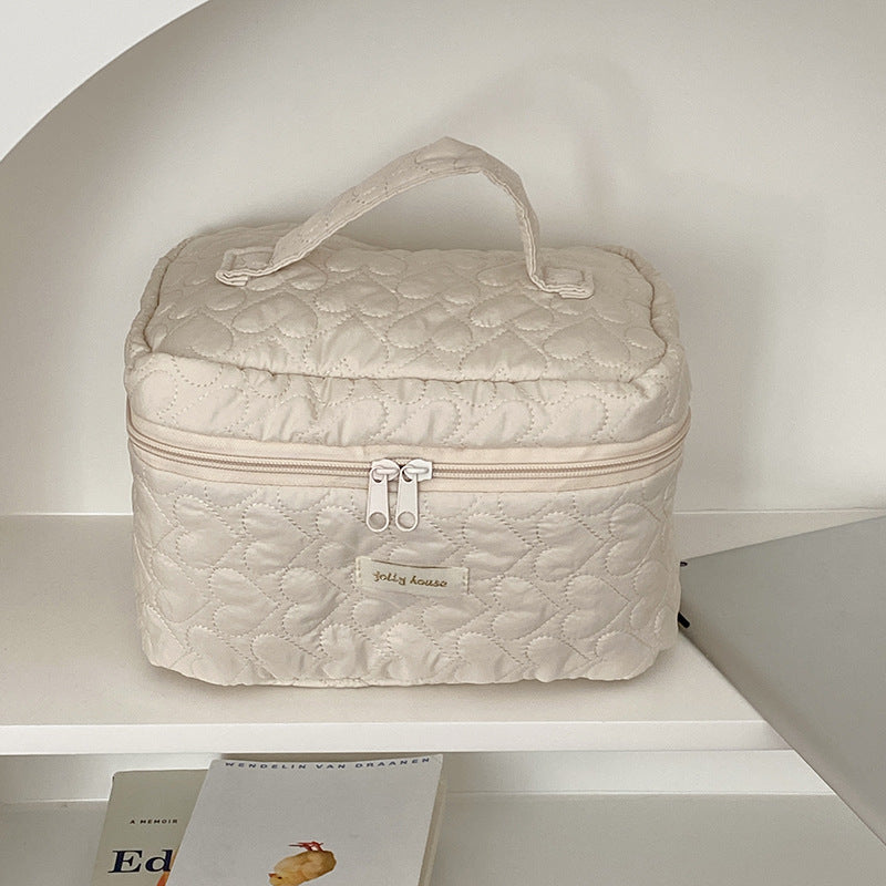 Yellow Blue Creamy Love Heart Quilted cotton Large Makeup Bag, Cosmetic Organizer, Makeup Toiletry Organizer, Large Capacity Makeup Bag