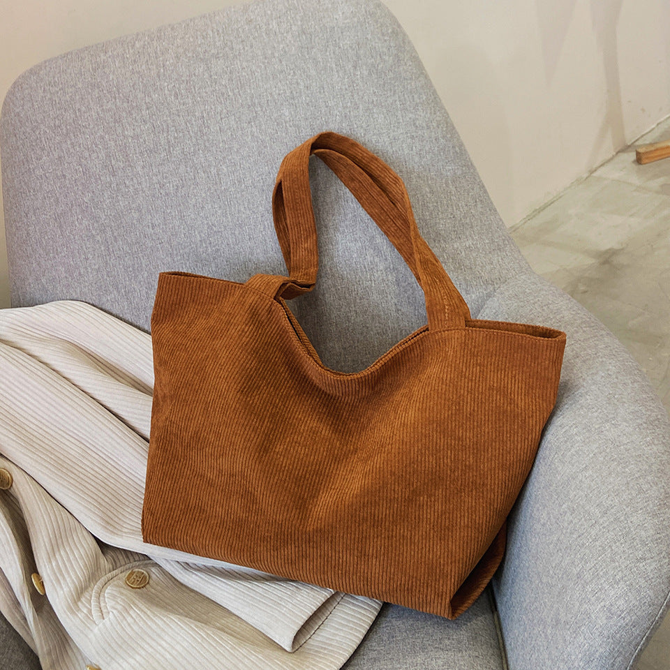 Classic Minimalist Pure Color Pattern Corduroy Tote, Large Capacity Tote Bag