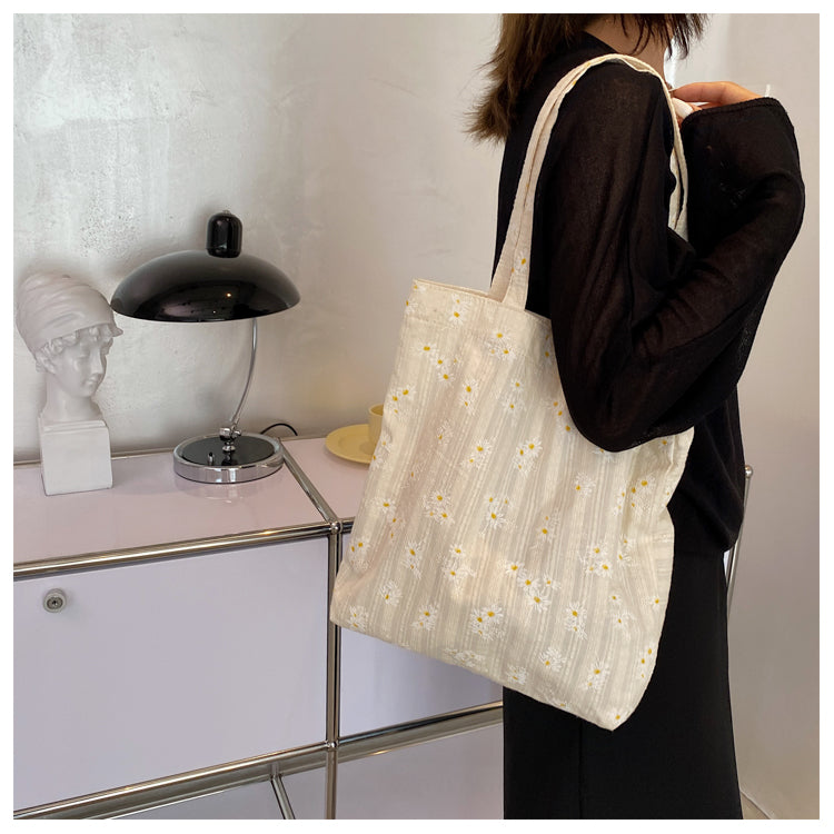 Cute Classic Minimalist Daisy Cotton Tote, Large Capacity Tote Bag, Cosmetic Tote, Essentials Shouder bag