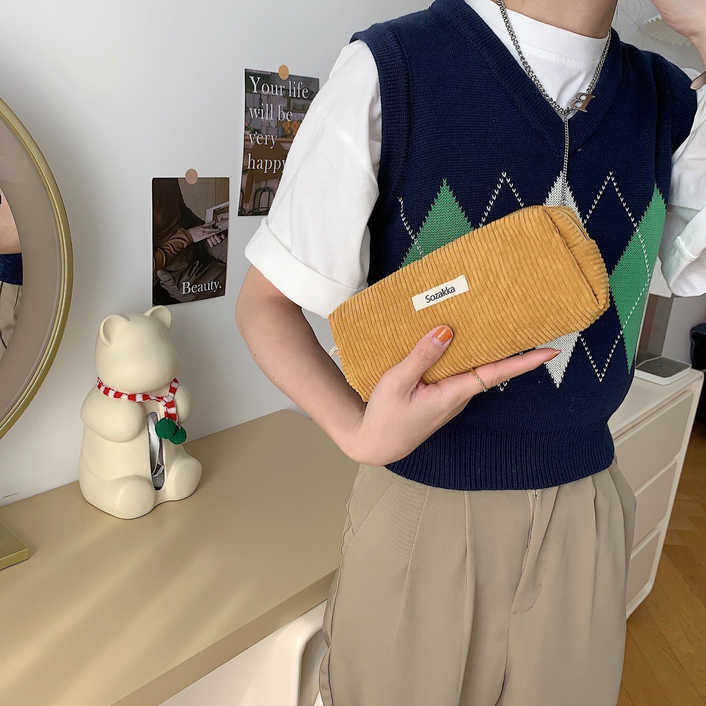 Cute Minimalist Classic Pure Color Corduroy Makeup Bag, Cosmetic Organizer, Makeup Toiletry Organizer, Travel Pouch, Cute Pencil Case
