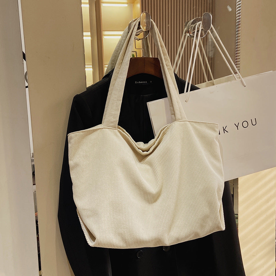 Classic Minimalist Pure Color Pattern Corduroy Tote, Large Capacity Tote Bag