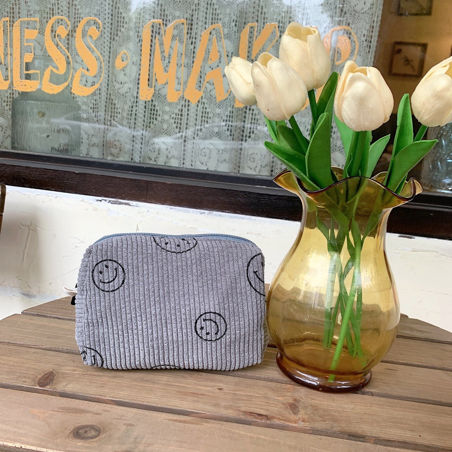 Cute Smiley Face Classic Dots Corduroy Small Makeup Bag, Travel Pouch, Cute Pencil Case