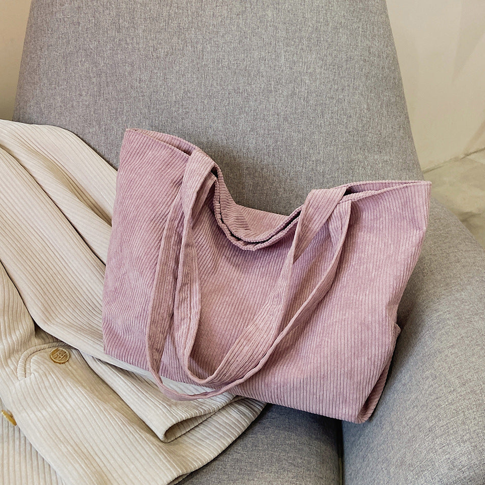 Classic Minimalist Pure Color Pattern Corduroy Tote, Large Capacity Tote Bag
