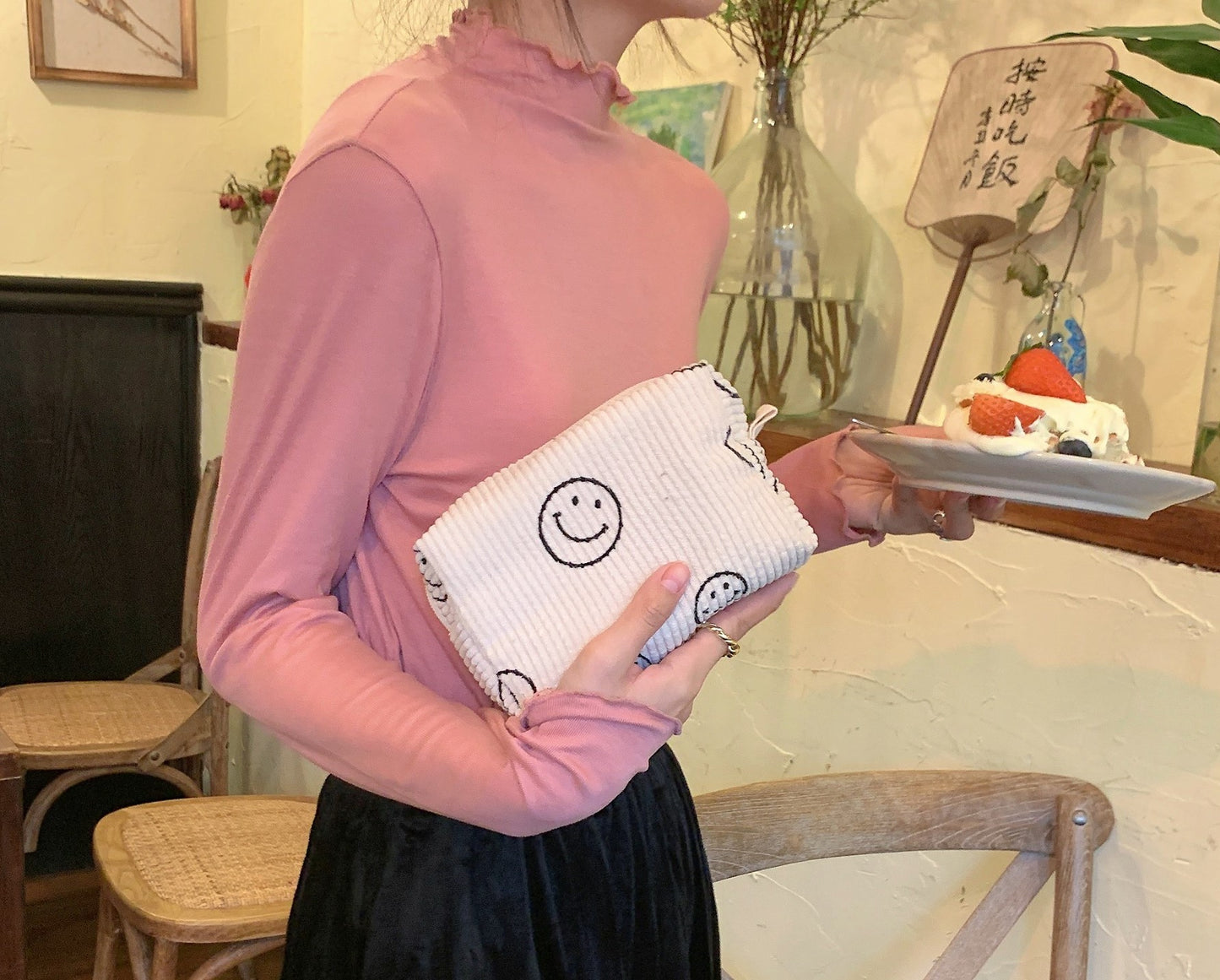 Cute Smiley Face Classic Dots Corduroy Small Makeup Bag, Travel Pouch, Cute Pencil Case