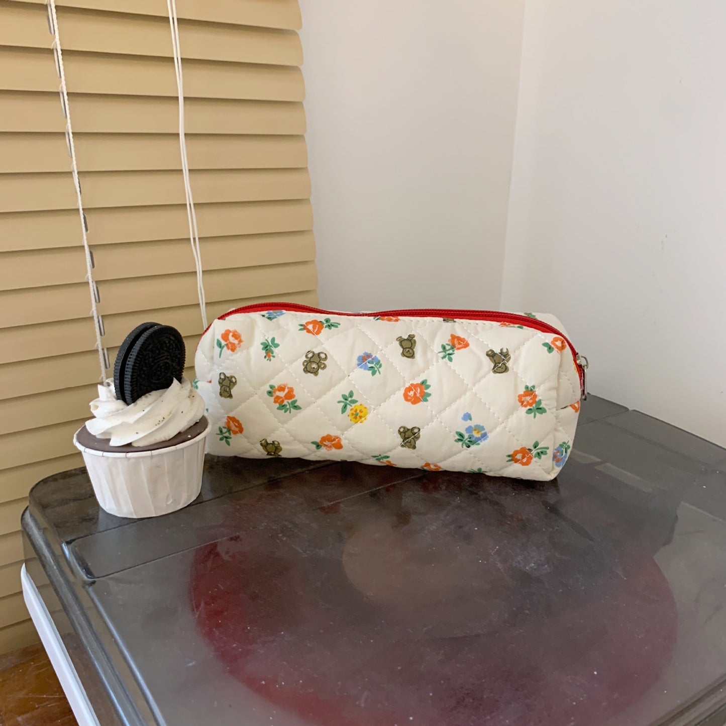 Cute Bear Floral Letters Pattern Quilted Cosmetic Organizer, Travel Pouch, Cute Pencil Case