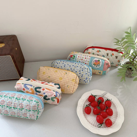 Cute Bear Floral Letters Pattern Quilted Cosmetic Organizer, Travel Pouch, Cute Pencil Case