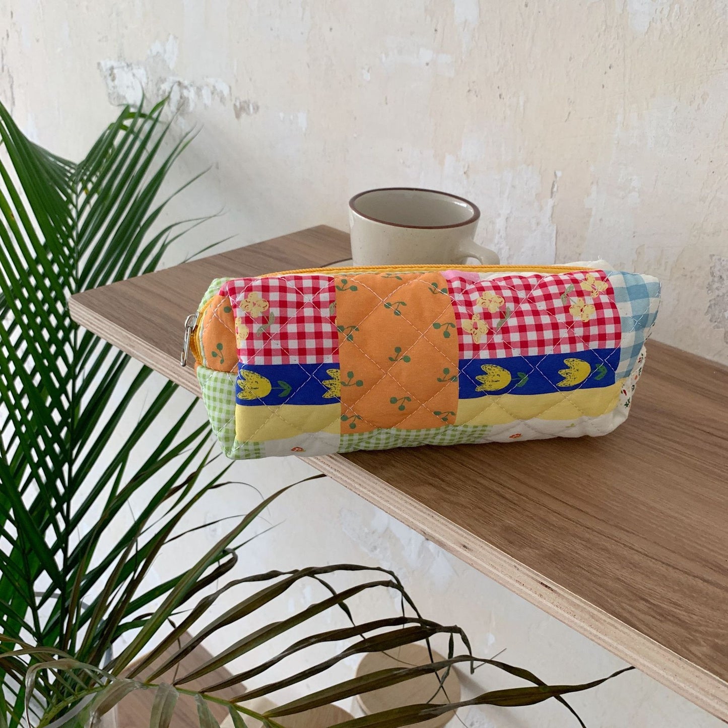 Cute Bear Floral Letters Pattern Quilted Cosmetic Organizer, Travel Pouch, Cute Pencil Case