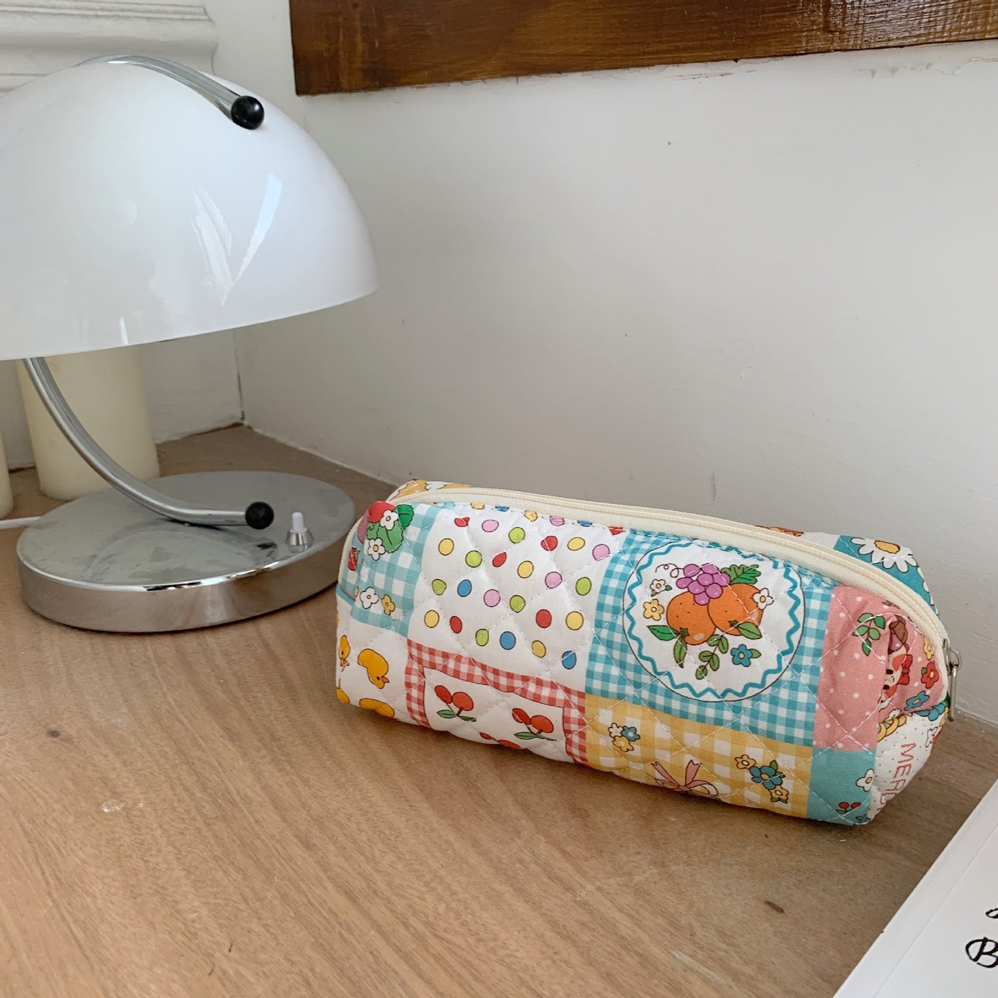 Cute Bear Floral Letters Pattern Quilted Cosmetic Organizer, Travel Pouch, Cute Pencil Case