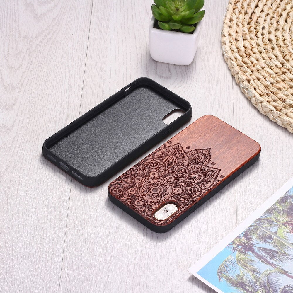 Vintage Henna Mandala Floral Engraved Wood iPhone 14 13 12 11 Case