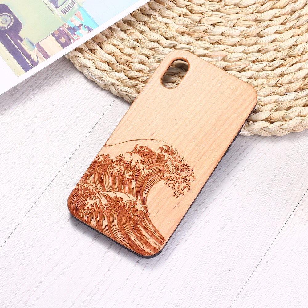 The Great Wave Engraved Wood Texture iPhone 14 13 12 11 Phone Case