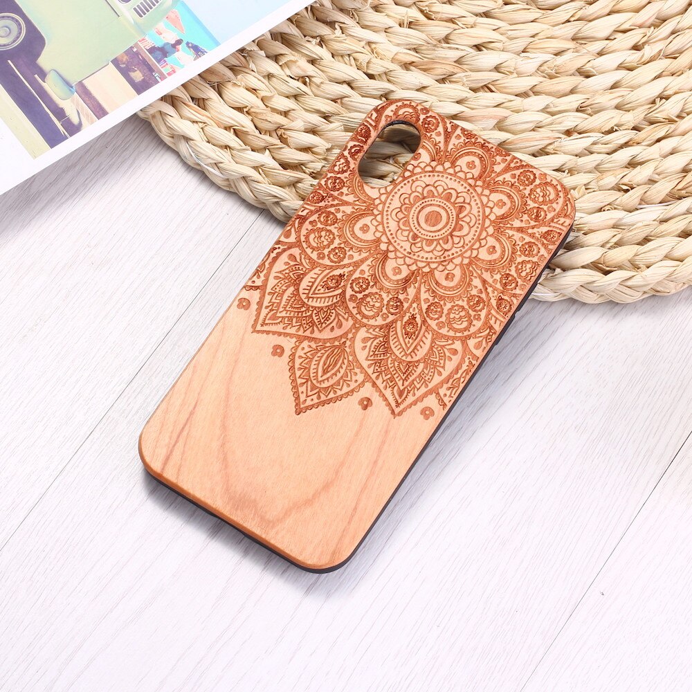 Vintage Henna Mandala Floral Engraved Wood iPhone 14 13 12 11 Case