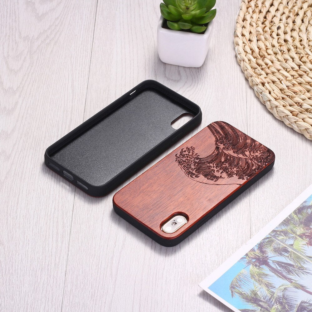 The Great Wave Engraved Wood Texture iPhone 14 13 12 11 Phone Case