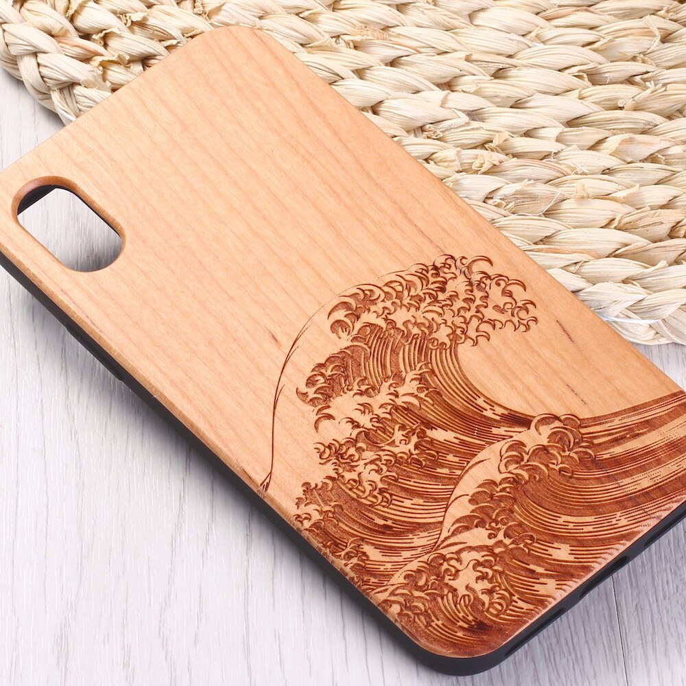 The Great Wave Engraved Wood Texture iPhone 14 13 12 11 Phone Case