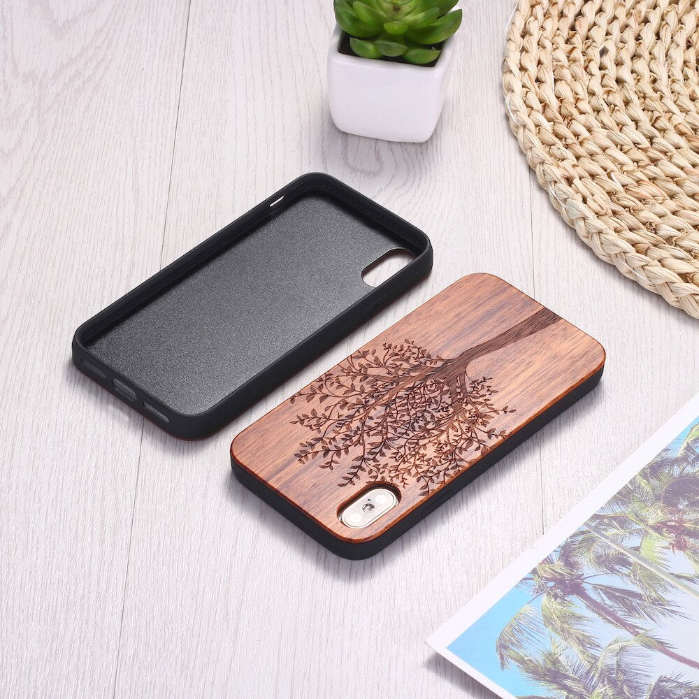 Natural Tree Plants Wooden Art Engraved Wood iPhone 14 13 12 11 Case