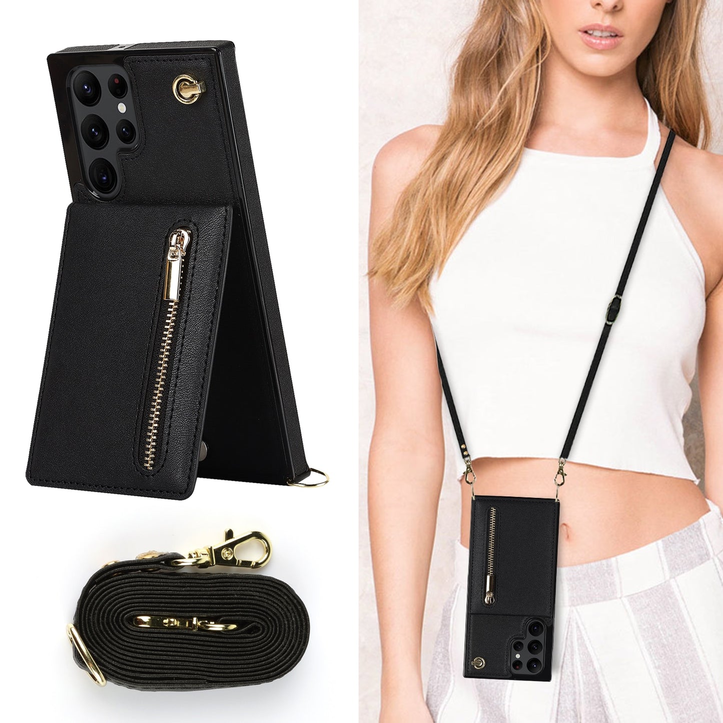 Zipper Wallet CrossBody Lanyard Case For Samsung Galaxy S22-S9 Kickstand Cards Solt Cover