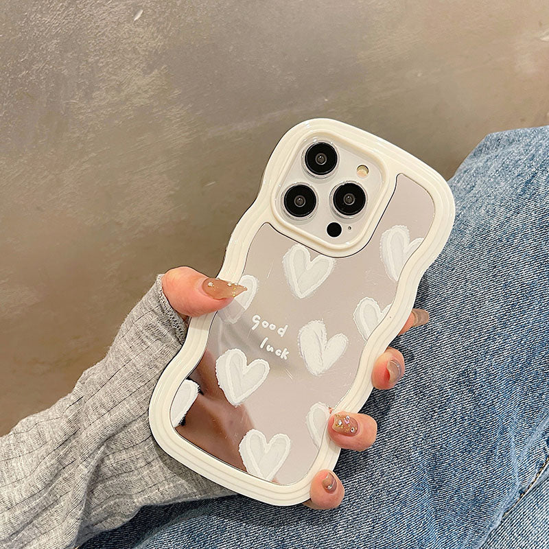 Korean Lovely White Heart Makeup Mirror Case For iPhone 14 Pro Max 13 11 12 14 Plus XS X XR