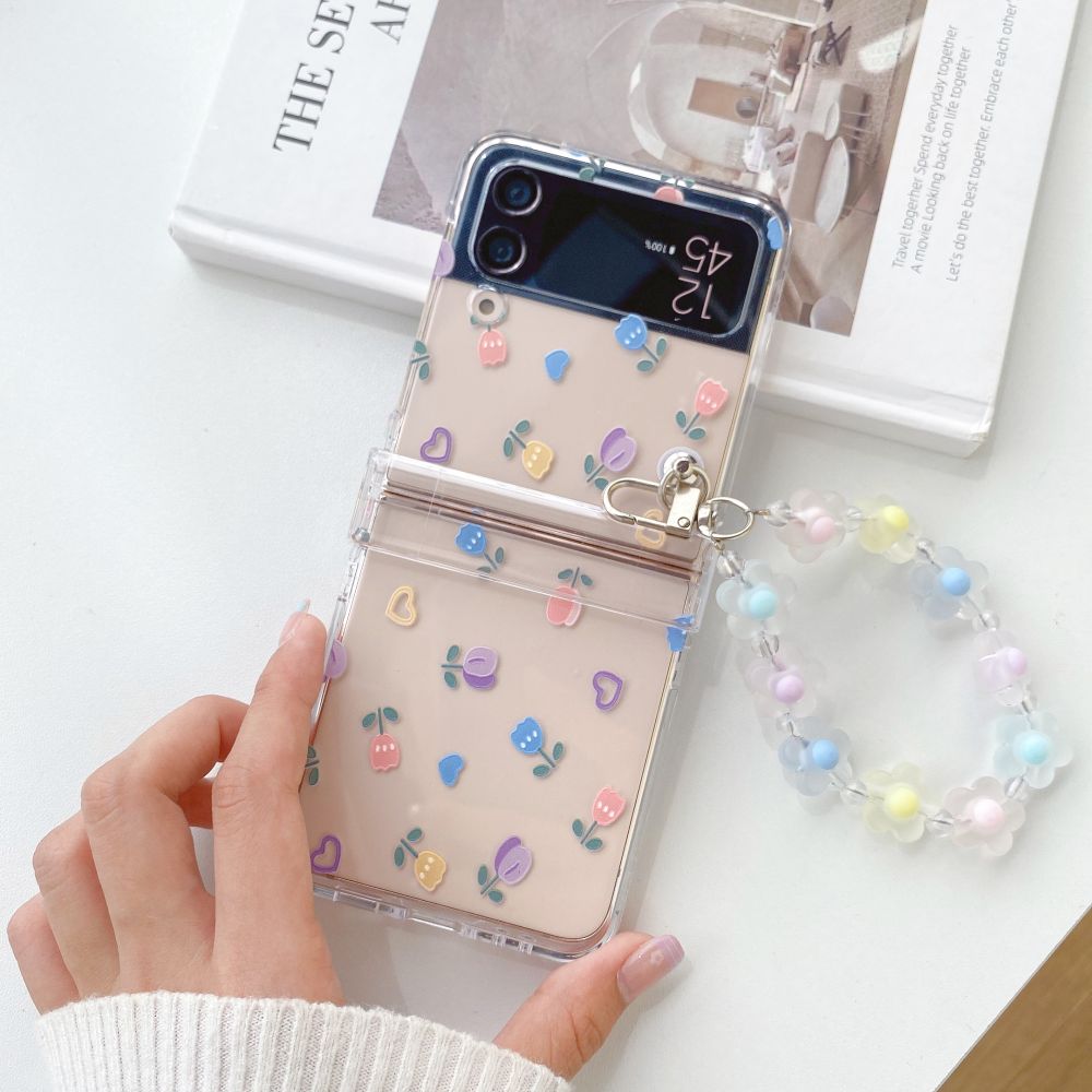 Floral Transparent Folding Phone Case with Bracelet ZFlip3 4 5 Shockproof Hard Back cover