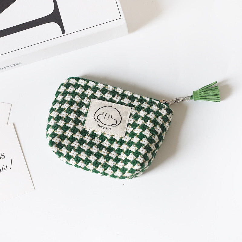 Mini Portable Plaid Coin Bags Money Wallet Purse Earphone Lipstick Data Line Storage Bags ID Card Bank Card Holder Clutch Pouch