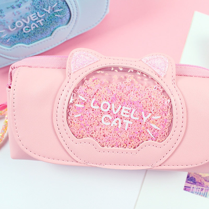 Lovely Cat Pencil Case Cute Cartoon Quicksand Pen Bag Three Layers Large Capacity Girls Student School Stationery Holders