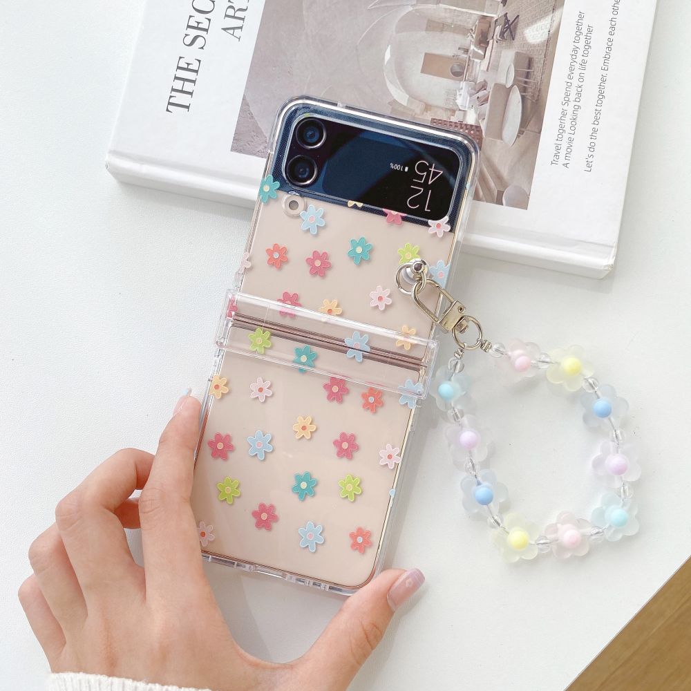 Floral Transparent Folding Phone Case with Bracelet ZFlip3 4 5 Shockproof Hard Back cover