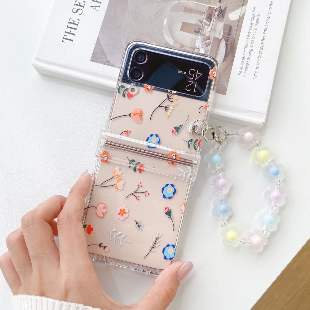 Floral Transparent Folding Phone Case with Bracelet ZFlip3 4 5 Shockproof Hard Back cover
