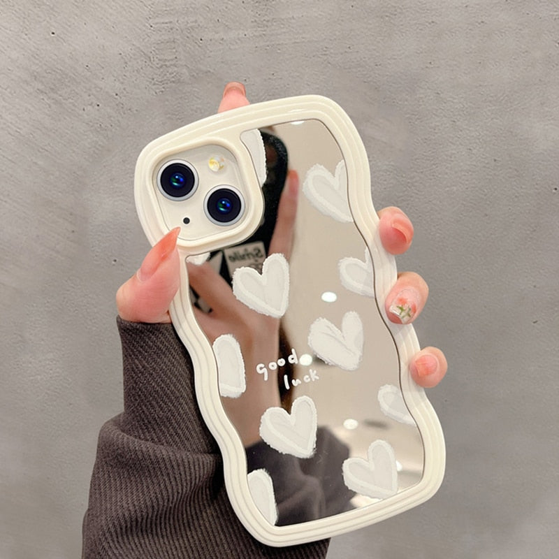 Korean Lovely White Heart Makeup Mirror Case For iPhone 14 Pro Max 13 11 12 14 Plus XS X XR
