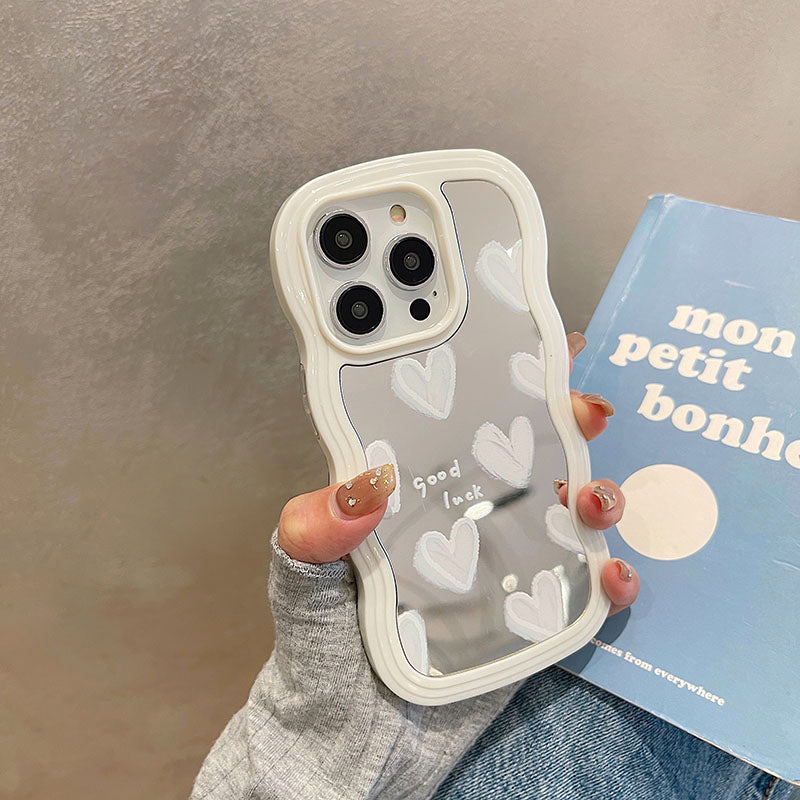 Korean Lovely White Heart Makeup Mirror Case For iPhone 14 Pro Max 13 11 12 14 Plus XS X XR