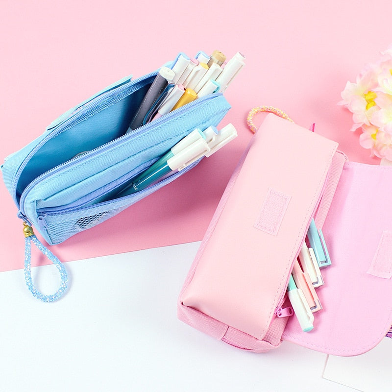 Lovely Cat Pencil Case Cute Cartoon Quicksand Pen Bag Three Layers Large Capacity Girls Student School Stationery Holders