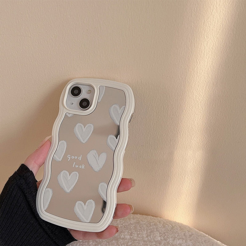 Korean Lovely White Heart Makeup Mirror Case For iPhone 14 Pro Max 13 11 12 14 Plus XS X XR