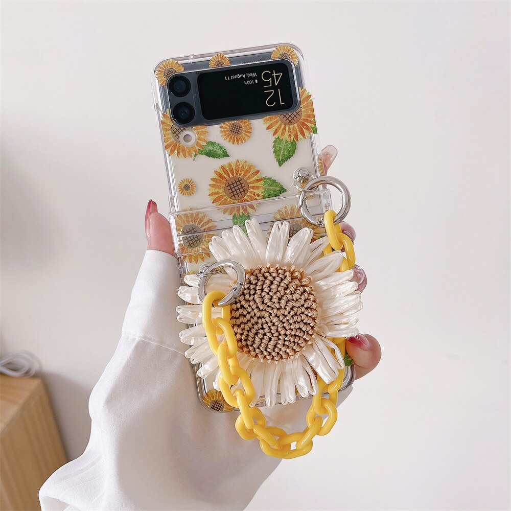 Cute Cartoon Smile Flower Wrist Chain Case For ZFlip 3-5 Bracket Pearl Bracelet Cover