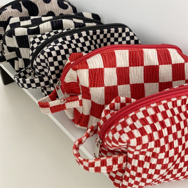 Fashion Velvet Plaid Travel Cosmetic Purse Storage Bag Toiletry Pouch Bag Pencil Cases
