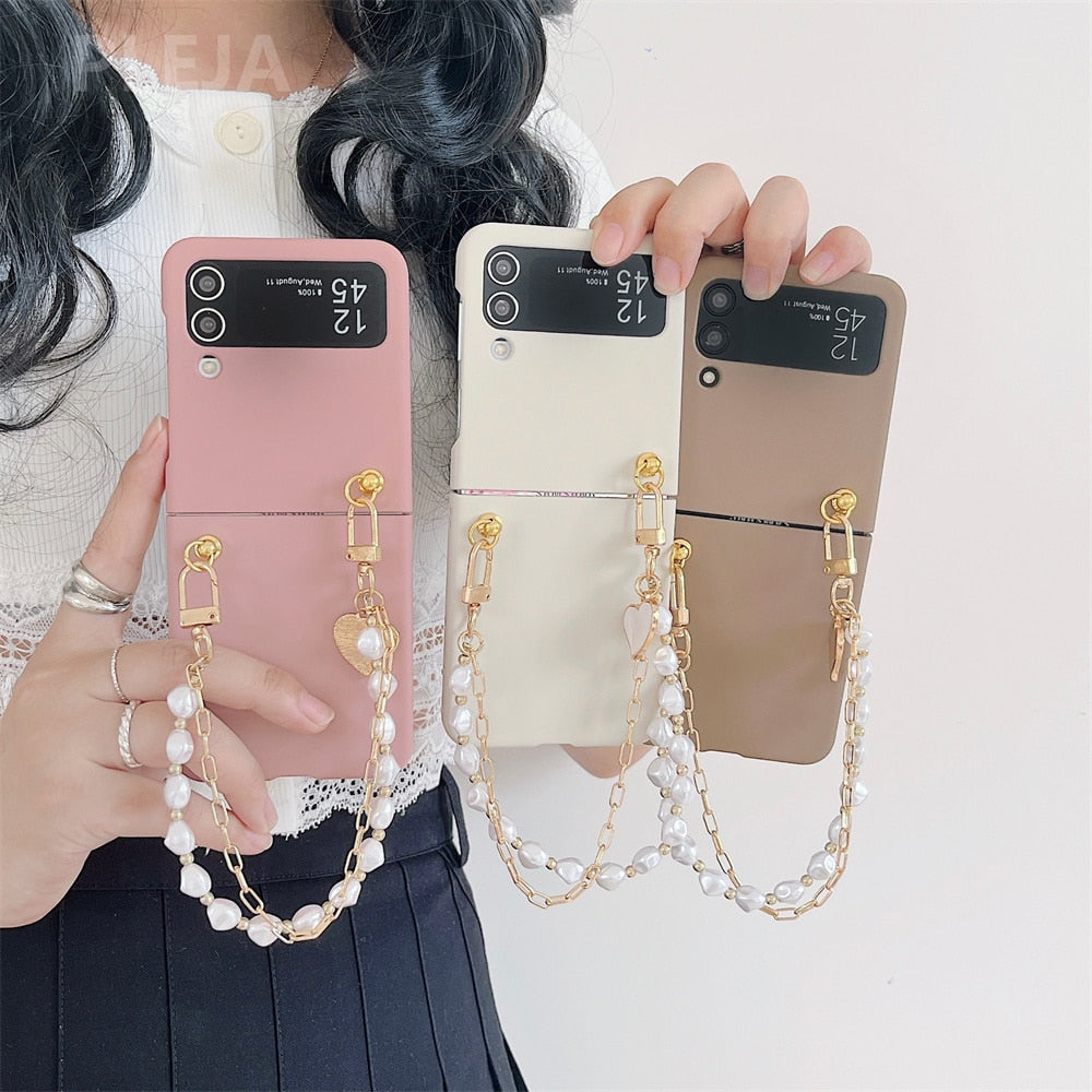 Cute Pearl Bracelet Chain Samsung Galaxy ZFlip3 Flip4 5G Korean Stylish Case