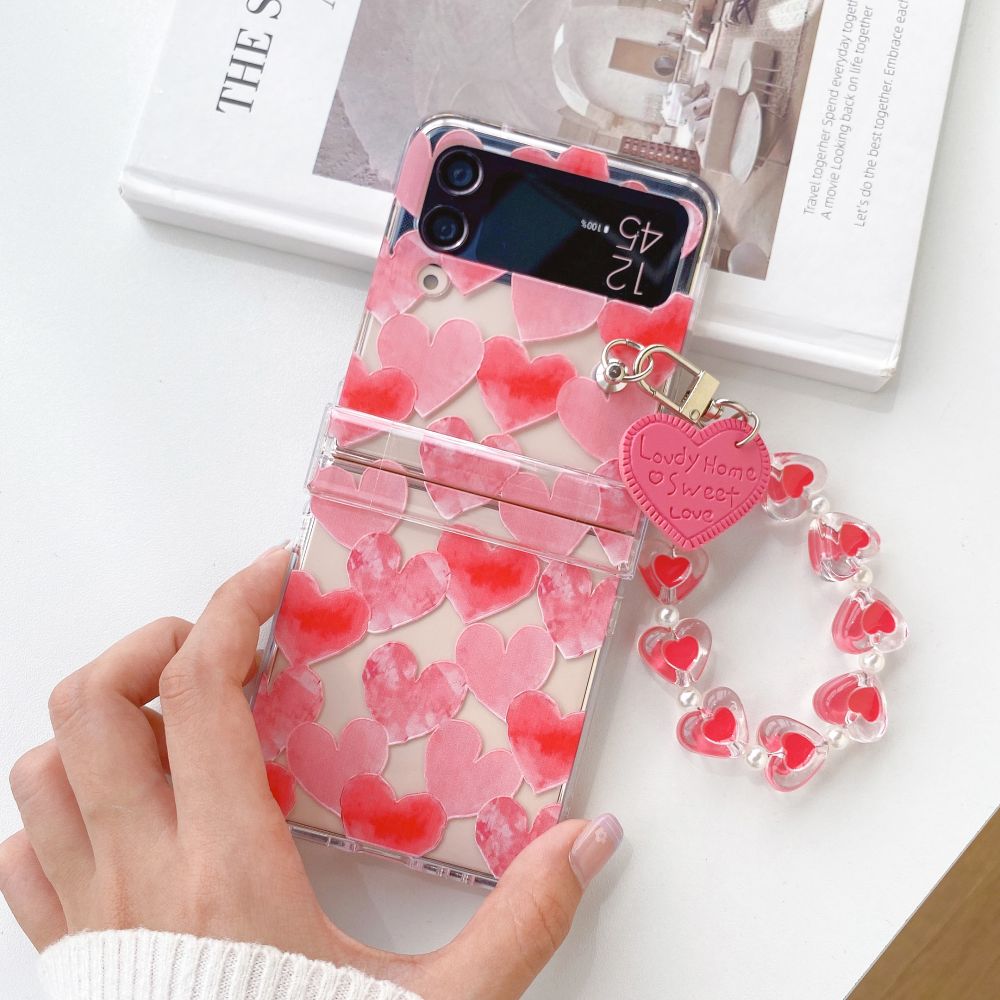 Floral Transparent Folding Phone Case with Bracelet ZFlip3 4 5 Shockproof Hard Back cover