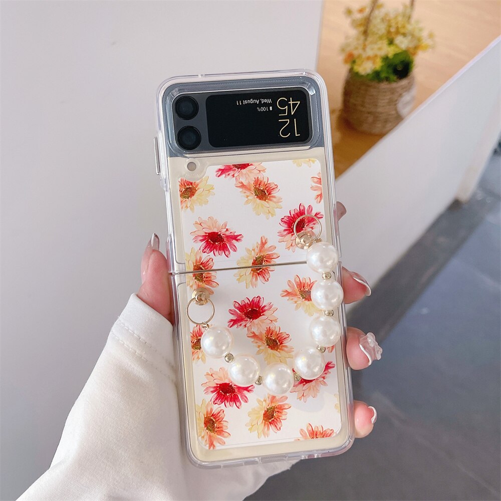 Cute Cartoon Smile Flower Wrist Chain Case For ZFlip 3-5 Bracket Pearl Bracelet Cover